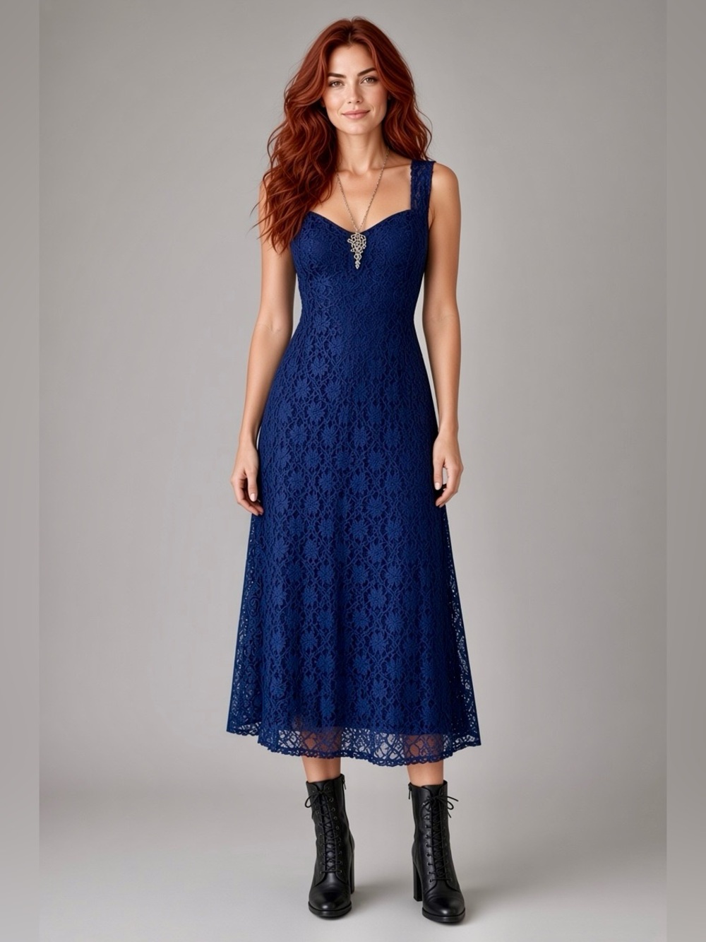 90s Midnight Blue Dark Romantic Whimsigoth Cross Back Grunge Lace Dress | M